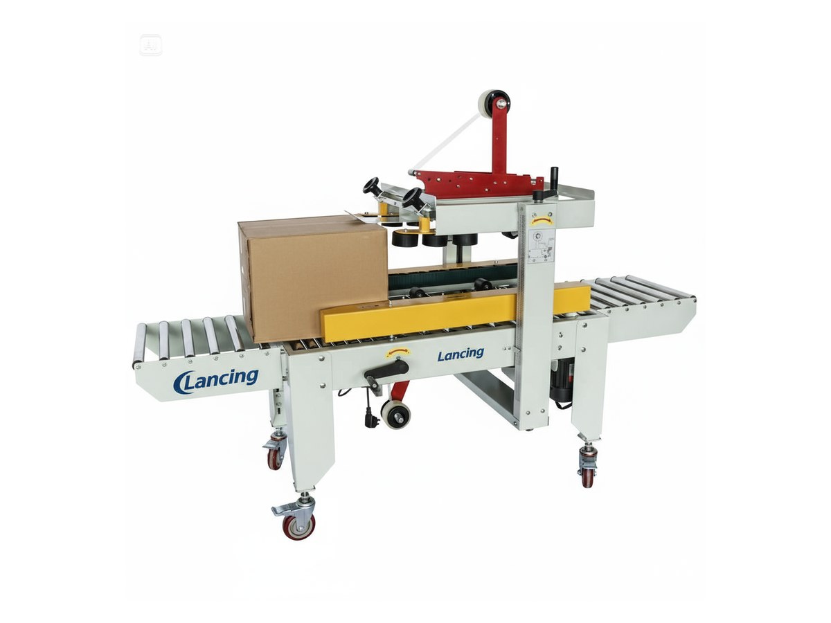 Lancing case taper carton sealing machine with cardboard box on roller conveyor
