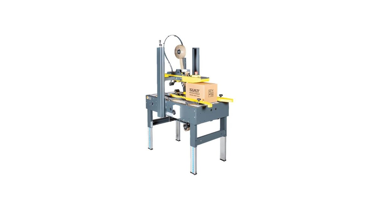 Semi-automatic case taper with carton on conveyor